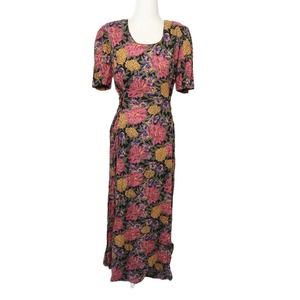 Vintage 90s Jamie Brooke dark pink and black floral maxi dress L